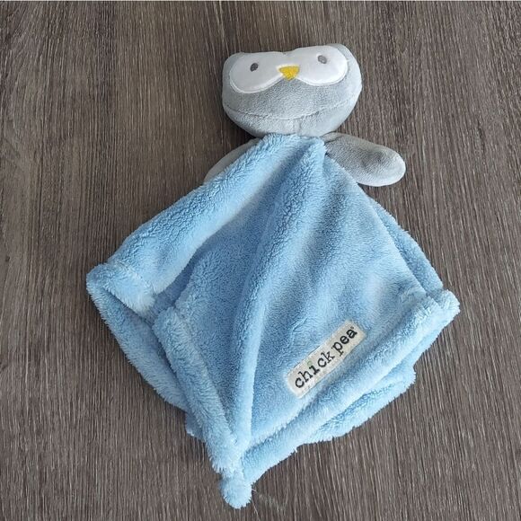 Chick Pea Blue Fleece Gray Owl Face Baby Security Blanket 14" Lovey Soft Mini - Picture 1 of 4